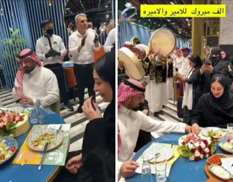 شاهد.. احتفال الأميرة السعوديه أضواء والأمير عبدالله بخطبتهما داخل مطعم (فيديو)